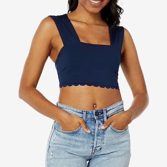 NWT Free People Suns Out Cami Blue Navy Cropped Tank Crisscross Scalloped Hem - Picture 9 of 12